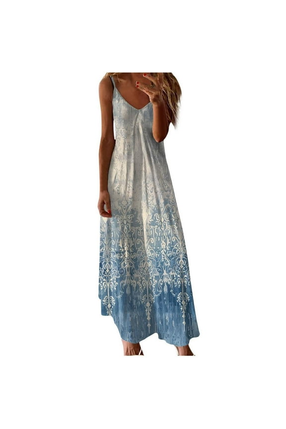 Summer Dress Saving! VERUGU Womens Dresses Sleeveless Fashion Printing Maxi Dress V-Neck Loose Casual Suspenders Long Dresses Sky Blue L