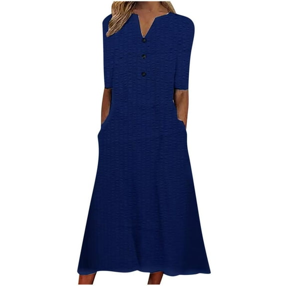 VERUGU Womens Dresses Summer Solid Causal Maxi Dress V-Neck Button Fashion Short Sleeve Vacation Long Dress with Pockets Dark Blue S