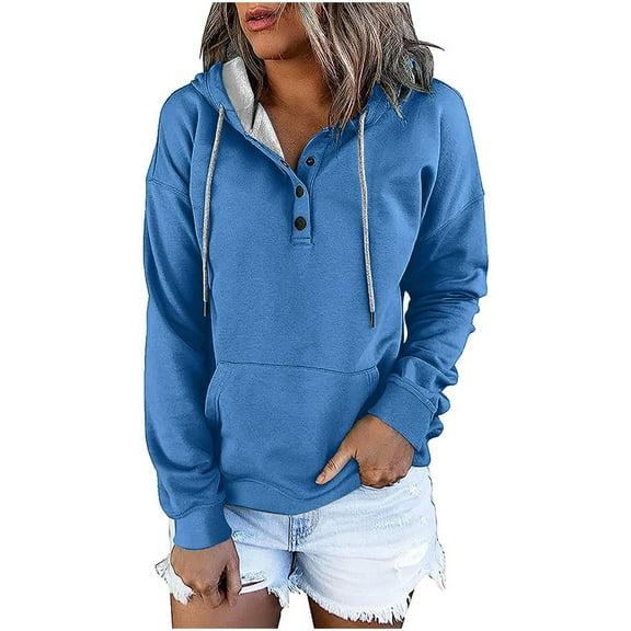 VERUGU Womens Hoodies Fashion Pocket Long Sleeve Blouse Casual Button Sweatershirt Blue S