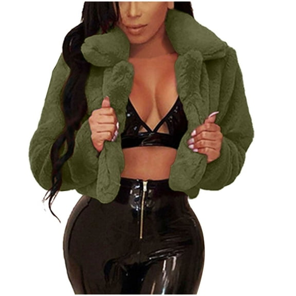 VERUGU Womens Jackets Casual Cropped Faux Fur Coat Parka Shaggy Coat Fall Winter Long Sleeve Outerwear Fluffy Solid Jackets Army Green S