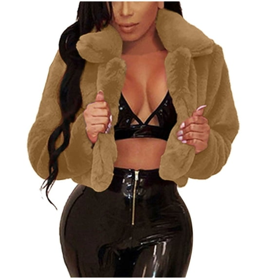 VERUGU Womens Jackets Casual Cropped Faux Fur Coat Parka Shaggy Coat Fall Winter Long Sleeve Outerwear Fluffy Solid Jackets Khaki M