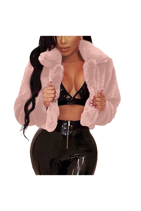 Womens Jackets Casual Cropped Faux Fur Coat Parka Shaggy Coat Fall Winter Long Sleeve Outerwear Fluffy Solid Jackets Pink XL