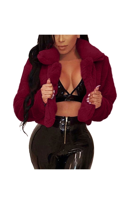 Womens Jackets Casual Cropped Faux Fur Coat Parka Shaggy Coat Fall Winter Long Sleeve Outerwear Fluffy Solid Jackets Wine XL