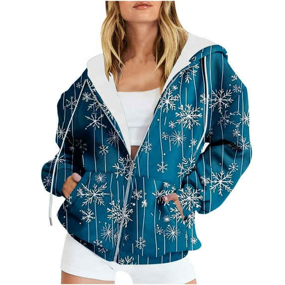 VERUGU Womens Jackets Casual Fall Winter Fashion Zipper Christmas Printed Coat Long Sleeve Drawstring Hooded Sweatshirt Blue S