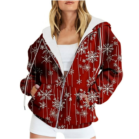 VERUGU Womens Jackets Casual Fall Winter Fashion Zipper Christmas Printed Coat Long Sleeve Drawstring Hooded Sweatshirt Red XL