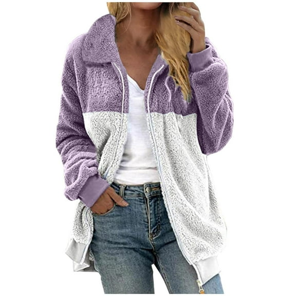 VERUGU Womens Jackets Casual Fall Winter Long Sleeve Turndown Collar Patchwork Zipper Pockets Blouse Causal Tops Coat Purple L