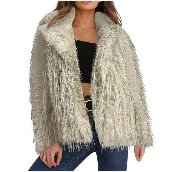 VERUGU Womens Jackets Casual Fashion Faux Fur Coat Parka Shaggy Coat Fall Winter Long Sleeve Outerwear Fluffy Solid Jackets Gray M