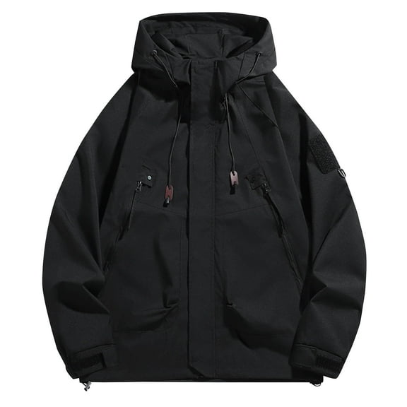 VERUGU Womens Jackets Casual Fashion Zipper Drawstring Long Sleeve Solid Coat with Pocket Outdoor Hooded Cargo Jacket Outwear Black S