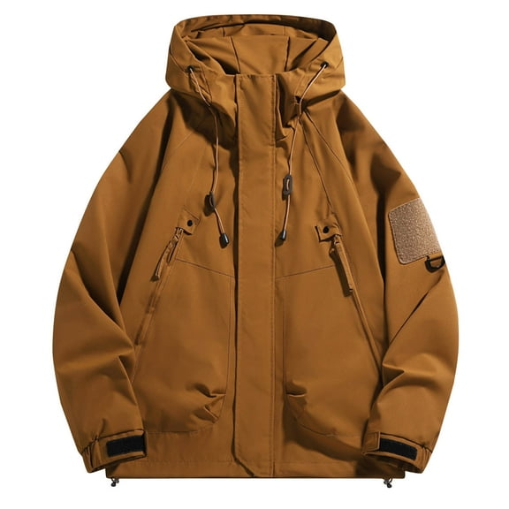 VERUGU Womens Jackets Casual Fashion Zipper Drawstring Long Sleeve Solid Coat with Pocket Outdoor Hooded Cargo Jacket Outwear Coffee S