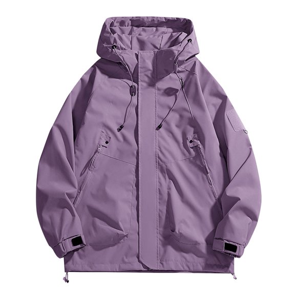 VERUGU Womens Jackets Casual Fashion Zipper Drawstring Long Sleeve Solid Coat with Pocket Outdoor Hooded Cargo Jacket Outwear Purple 3XL