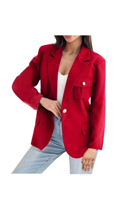 Womens Jackets Dressy Casual Solid Color Double Breasted Pocket Long Sleeve Hoodless Turndown Collar Dressy Jacket Red XXL