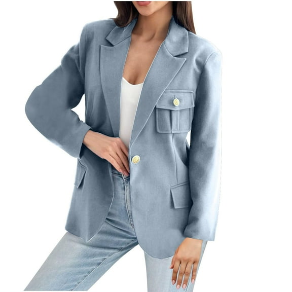 VERUGU Womens Jackets Dressy Casual Solid Color Double Breasted Pocket Long Sleeve Hoodless Turndown Collar Dressy Jacket Sky Blue S