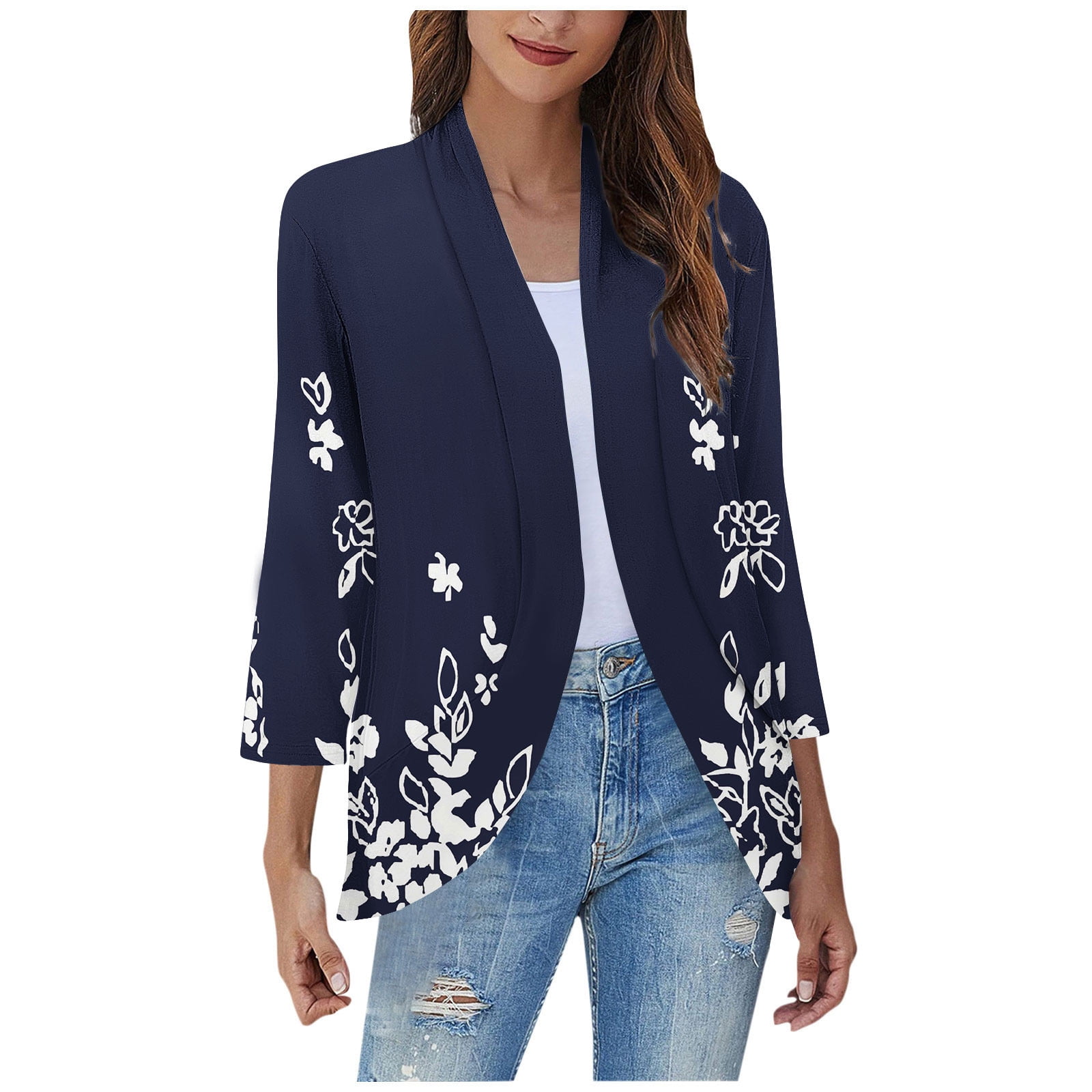 VERUGU Womens Open Front Lace Cardigan Fashion Long Sleeve Floral Print Jacket Casual Loose Outwear Navy 3XL