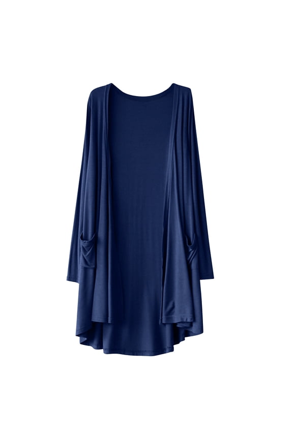 Womens Open Front Lightweight Cardigan with Pockets Long Sleeve Solid Jacket Casual Loose Long Outwear Navy Free Size