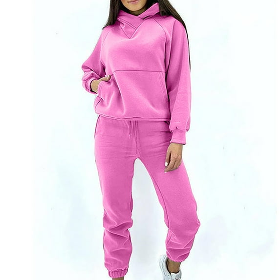 VERUGU Womens Sets Fall Winter Solid Casual Long Sleeve Round Neck Hooded Sweater Comfortable Warm Trousers Two-Piece Suit Pink XL
