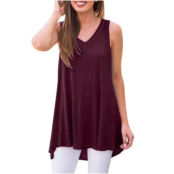 VERUGU Womens Summer Casual T-Shirt V-Neck Sleeveless Tunic Tops for Leggings Loose Solid Blouse Shirt Red M