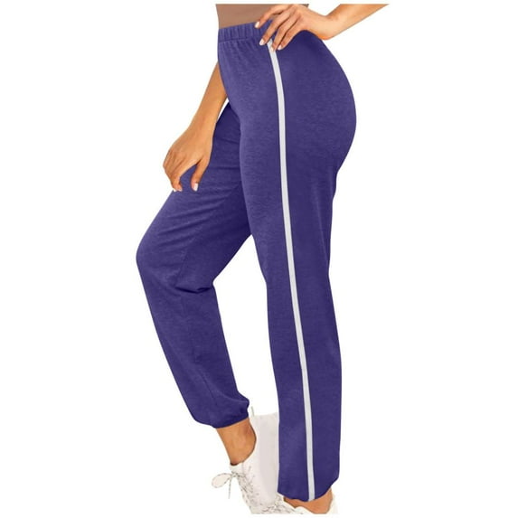 VERUGU Womens Summer Pants Casual Loose Elastic High Waist Sports Trousers with Pockets Solid Lounge Drawstring Taper Side White Striped Loose Slack Running Full-Length Sweatpants Purple S