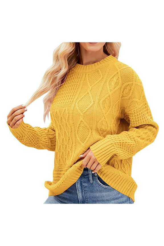 Women Sweaters Fall Cable Knit Crewneck Cardigan Casual Long Sleeve Soft Solid Pullover Tops Yellow L