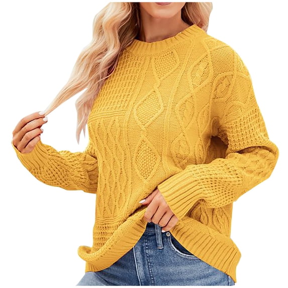 VERUGU Women Sweaters Fall Cable Knit Crewneck Cardigan Casual Long Sleeve Soft Solid Pullover Tops Yellow S