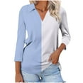 thumbnail image 1 of VERUGU Womens Tops 3/4 Sleeve Shirts V-Neck Lapel Loose Casual Comfy Blouses Trendy Patchwork Color Versatile T-shirts for Leggings Light Blue S, 1 of 5