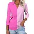 thumbnail image 1 of VERUGU Womens Tops 3/4 Sleeve Shirts V-Neck Lapel Loose Casual Comfy Blouses Trendy Patchwork Color Versatile T-shirts for Leggings Pink M, 1 of 5