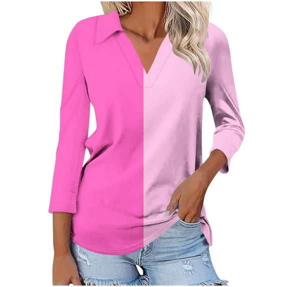 VERUGU Womens Tops 3/4 Sleeve Shirts V-Neck Lapel Loose Casual Comfy Blouses Trendy Patchwork Color Versatile T-shirts for Leggings Pink M