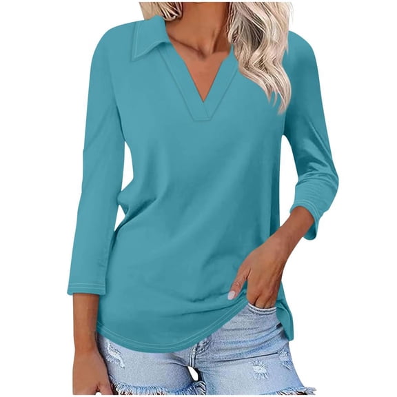 VERUGU Womens Tops 3/4 Sleeve Shirts V-Neck Lapel Loose Casual Comfy Blouses Trendy Solid Classic T-shirts for Leggings Blue S