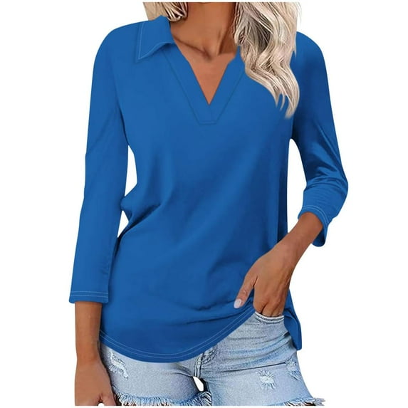 VERUGU Womens Tops 3/4 Sleeve Shirts V-Neck Lapel Loose Casual Comfy Blouses Trendy Solid Classic T-shirts for Leggings Dark Blue L