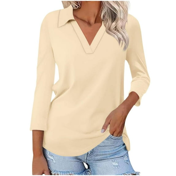 VERUGU Womens Tops 3/4 Sleeve Shirts V-Neck Lapel Loose Casual Comfy Blouses Trendy Solid Classic T-shirts for Leggings Khaki M