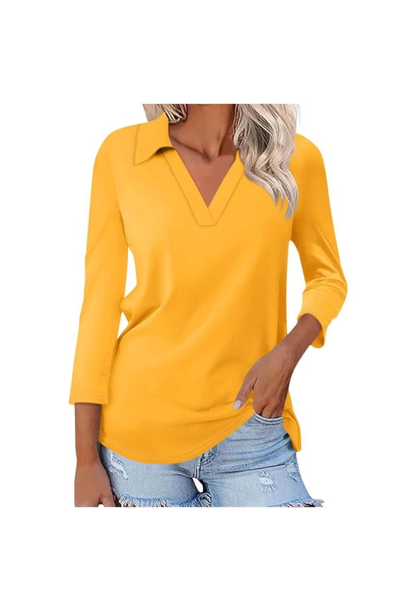 Womens Tops 3/4 Sleeve Shirts V-Neck Lapel Loose Casual Comfy Blouses Trendy Solid Classic T-shirts for Leggings Yellow M