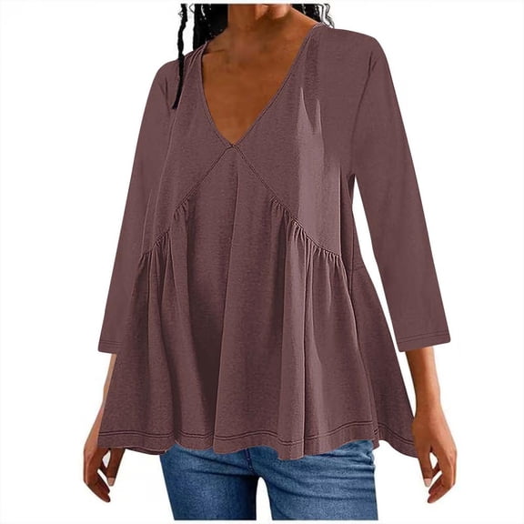 VERUGU Womens Tops 3/4 Sleeve V-Neck Pleated Shirts Summer Trendy Layered Solid Basic Tee Loose Casual Flowy Comfy Plain Tunic Blouses Brown S