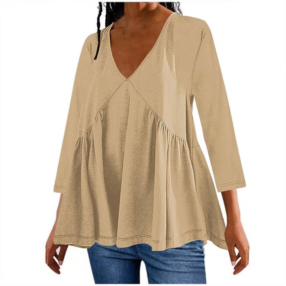 VERUGU Womens Tops 3/4 Sleeve V-Neck Pleated Shirts Summer Trendy Layered Solid Basic Tee Loose Casual Flowy Comfy Plain Tunic Blouses Khaki S