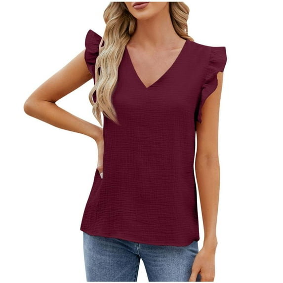VERUGU Womens Tops Cap Sleeve V-Neck Pleated Shirts Summer Solid Short Sleeve Loungewear T-shirts Casual Loose Comfy Blouses for Leggings Wine XXL