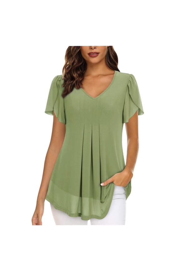 Womens Tops Chiffon Short Sleeve Shirts Spring Summer Casual V Neck Blouse Double Layer Ruffle Tunics Tops Army Green L