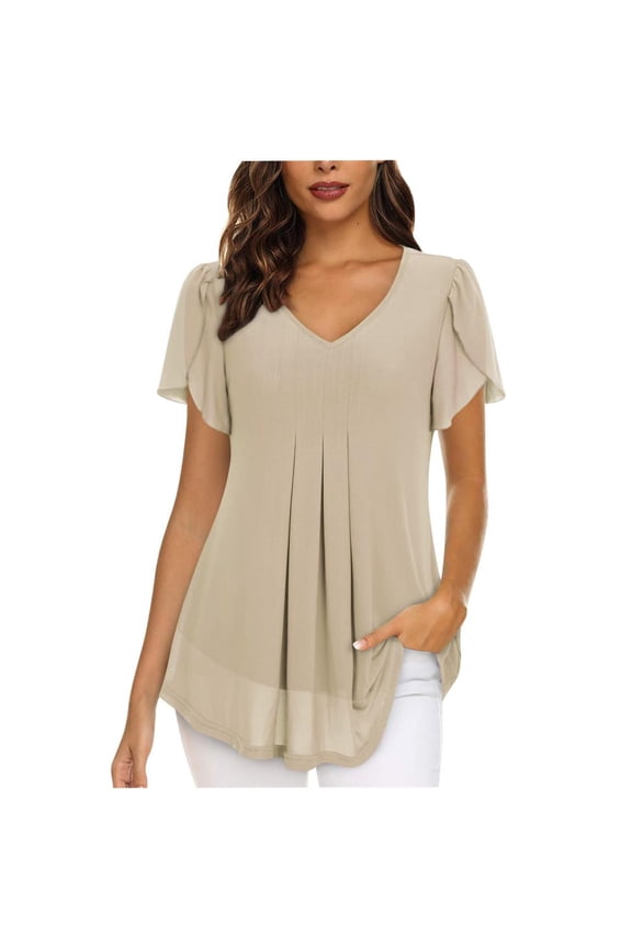 Womens Tops Chiffon Short Sleeve Shirts Spring Summer Casual V Neck Blouse Double Layer Ruffle Tunics Tops Beige XL