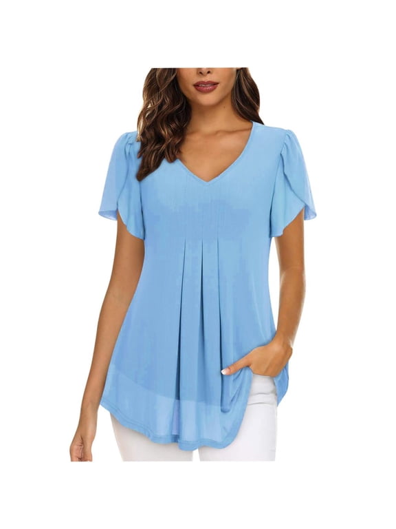 Womens Tops Chiffon Short Sleeve Shirts Spring Summer Casual V Neck Blouse Double Layer Ruffle Tunics Tops Light Blue XL