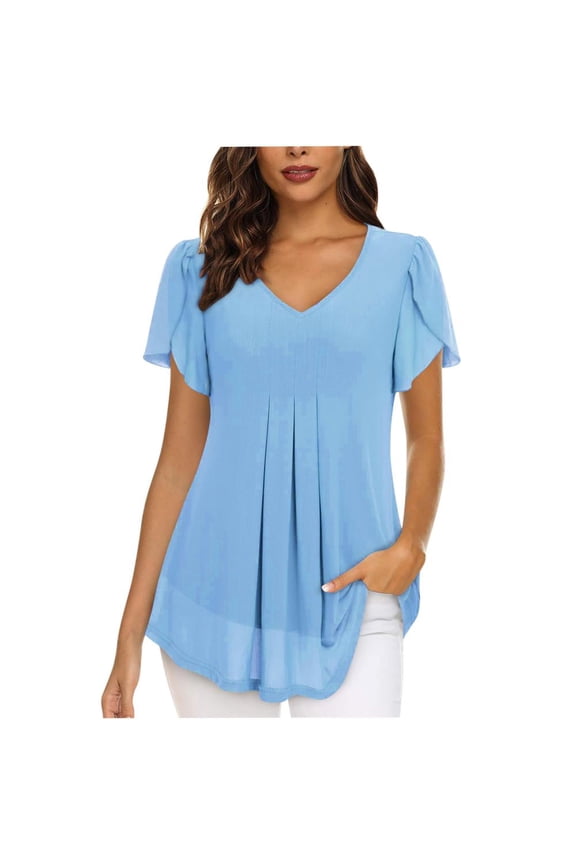 Womens Tops Chiffon Short Sleeve Shirts Spring Summer Casual V Neck Blouse Double Layer Ruffle Tunics Tops Light Blue XXL