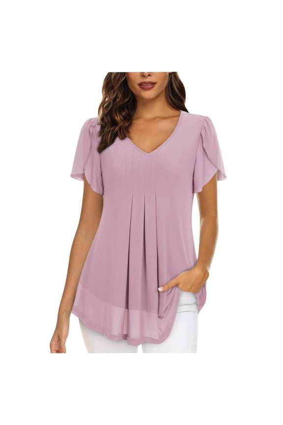 Womens Tops Chiffon Short Sleeve Shirts Spring Summer Casual V Neck Blouse Double Layer Ruffle Tunics Tops Pink M