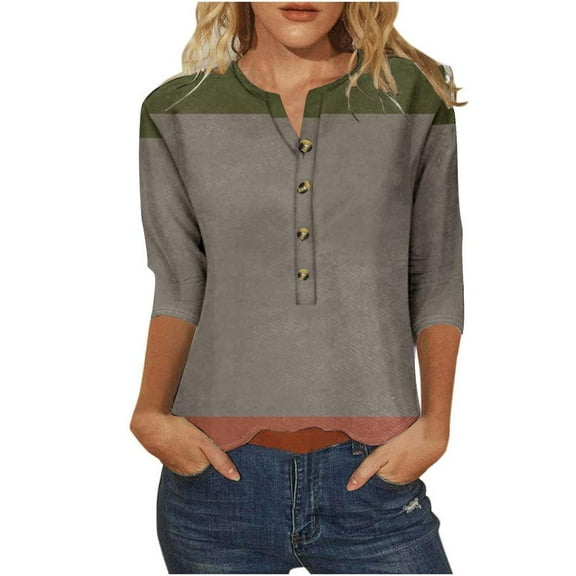 VERUGU Womens Tops Fashion Print Button Blouses Crew Neck 3/4 Sleeve Casual T-shirt Loose Tops Pullover Army Green M