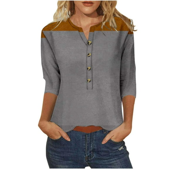 VERUGU Womens Tops Fashion Print Button Blouses Crew Neck 3/4 Sleeve Casual T-shirt Loose Tops Pullover Brown 3XL