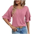 thumbnail image 1 of VERUGU Womens Tops Half Sleeve V-Neck Shirts Summer Casual Double Layer Sleeve Tee Trendy Solid Loose Tunic Blouses for Leggings Pink XL, 1 of 6