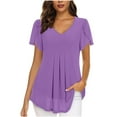 thumbnail image 1 of VERUGU Womens Tops Petals Short Sleeve V-Neck Pleated Shirts Solid Double Layer Mesh T Shirts Loose Casual Comfy Chiffon Blouses for Leggings Purple L, 1 of 6
