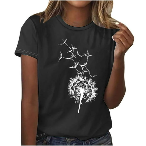 VERUGU Womens Tops Printed T-shirt Round Neck Short Sleeve Top Loose Casual Comfortable Pullover Blouse Black XL