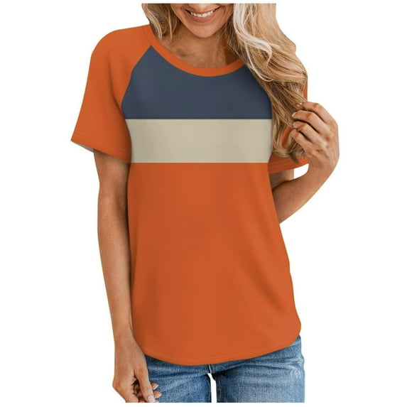 VERUGU Womens Tops Raglan Sleeve Crew Neck Shirts Summer Trendy Colorblock Short Sleeve T-shirts Loose Casual Comfy Blouses for Leggings Orange M