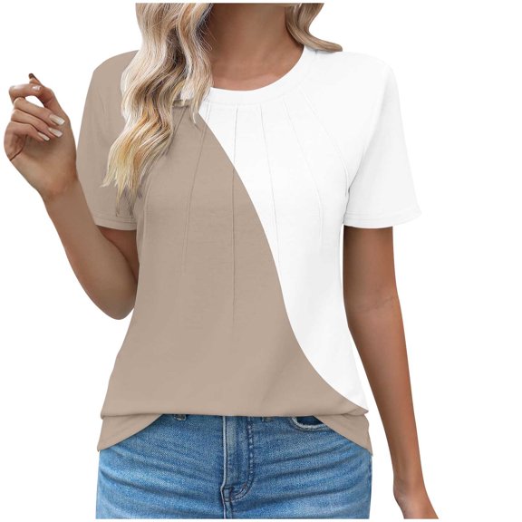 VERUGU Womens Tops Short Sleeve Crew Neck Pleated Shirts Summer Trendy Patchwork Color T Shirts Loose Casual Comfy Tunic Blouses for Leggings Khaki S
