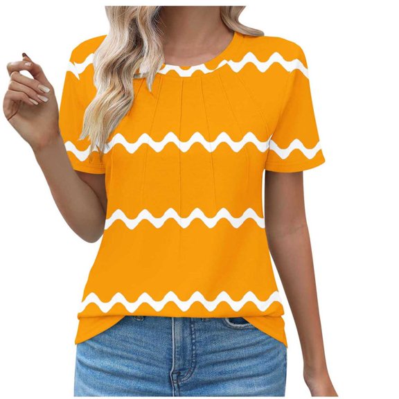 VERUGU Womens Tops Short Sleeve Crew Neck Pleated Shirts Summer Trendy Stripe Print T Shirts Loose Casual Comfy Tunic Blouses for Leggings Orange XL
