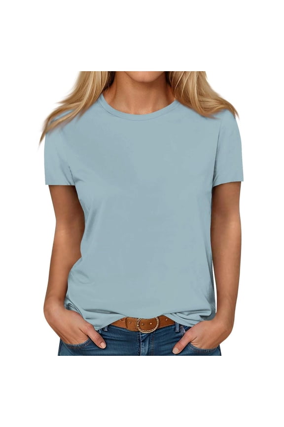 Womens Tops Short Sleeve Crew Neck Shirts Summer Trendy Solid Loungewear Base Tee Casual Plain Loose Comfy Blouses for Leggings Light Blue L