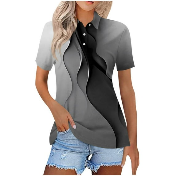 VERUGU Womens Tops Short Sleeve Lapel Buttons Shirts Summer Trendy Geometric Print T-shirts Loose Casual Comfy Tunic Blouses for Leggings Black M