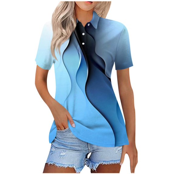 VERUGU Womens Tops Short Sleeve Lapel Buttons Shirts Summer Trendy Geometric Print T-shirts Loose Casual Comfy Tunic Blouses for Leggings Blue XL