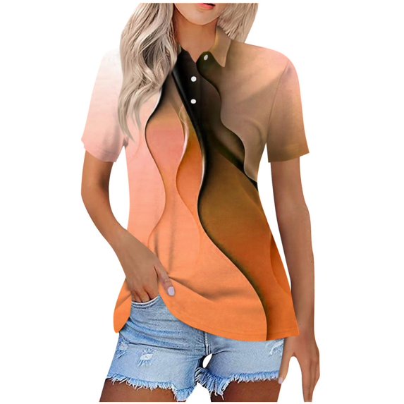 VERUGU Womens Tops Short Sleeve Lapel Buttons Shirts Summer Trendy Geometric Print T-shirts Loose Casual Comfy Tunic Blouses for Leggings Orange XL